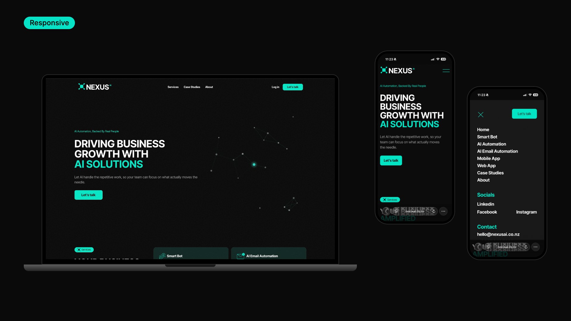 Nexus AI website design, responsive desktop and mobile