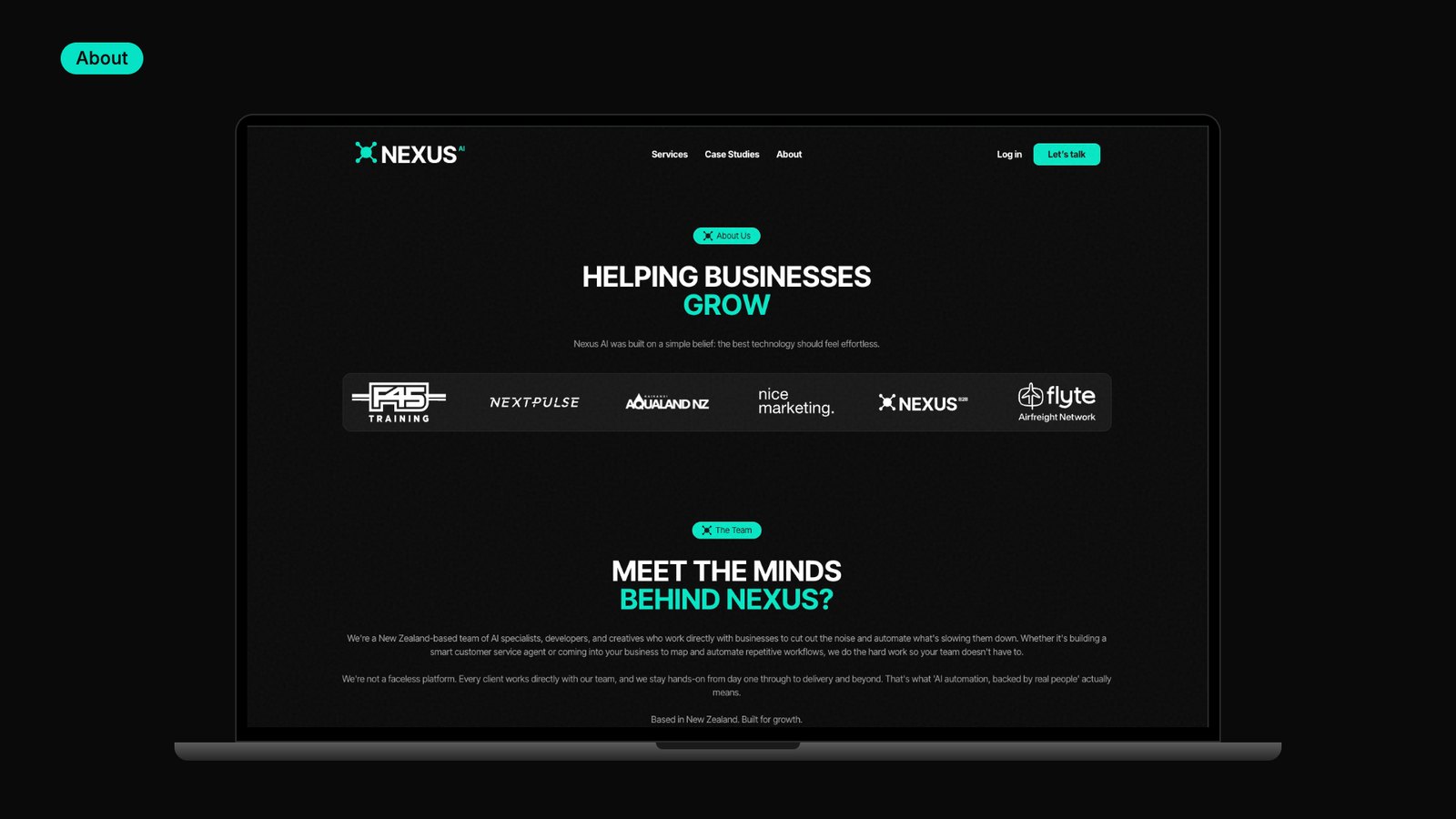 Nexus AI website design, about the studio